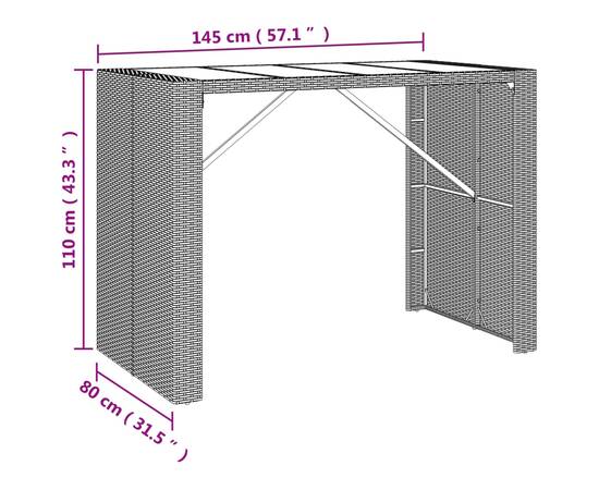 Masă de bar cu blat din sticlă, maro, 145x80x110 cm, poliratan, 6 image