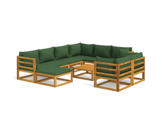 Set mobilier de grădină cu perne verzi, 10 piese, lemn masiv, 2 image