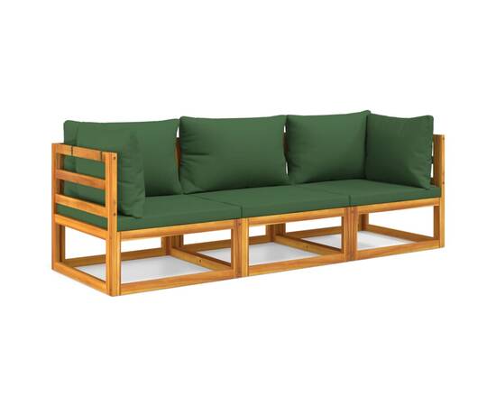 Set mobilier de grădină cu perne verzi, 3 piese, lemn masiv, 2 image