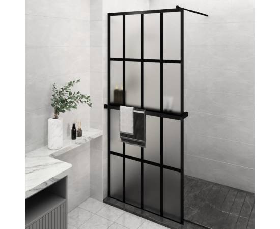 Paravan duș walk-in cu raft negru 90x195 cm sticlă esg/aluminiu