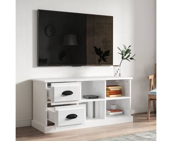Comodă tv, alb extralucios, 102x35,5x47,5 cm, lemn prelucrat, 3 image