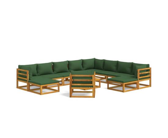 Set mobilier de grădină cu perne verzi, 12 piese, lemn masiv, 2 image