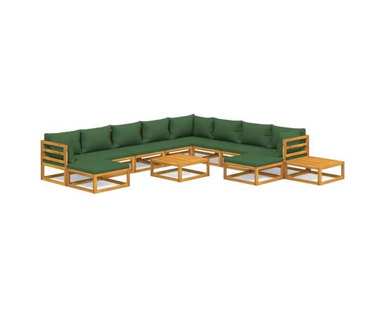 Set mobilier de grădină cu perne verzi, 12 piese, lemn masiv, 2 image