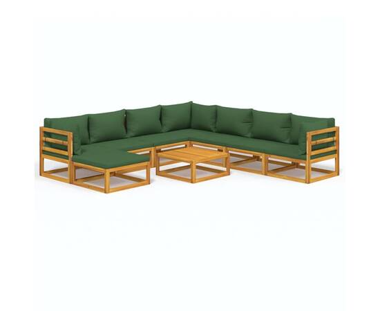 Set mobilier de grădină cu perne verzi, 9 piese, lemn masiv, 2 image