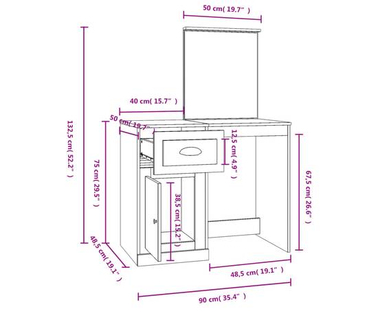 Masă de toaletă cu oglindă, stejar maro 90x50x132,5 cm lemn, 10 image