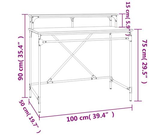 Birou, stejar fumuriu, 100x50x90 cm, lemn prelucrat și fier, 9 image