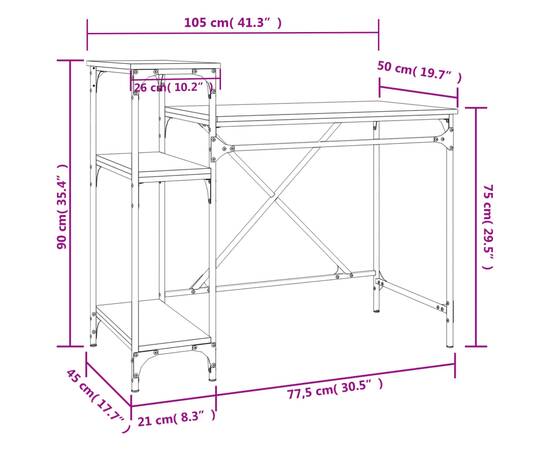 Birou cu rafturi, negru, 105x50x90 cm, lemn compozit și fier, 8 image