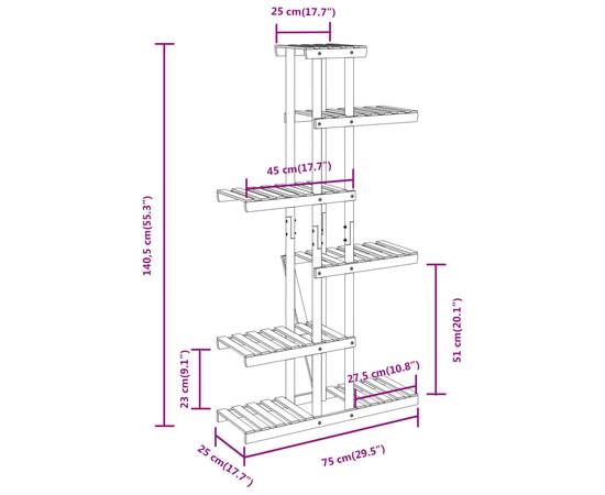 Suport pentru flori, 75x25x140,5 cm, lemn masiv de brad, 8 image