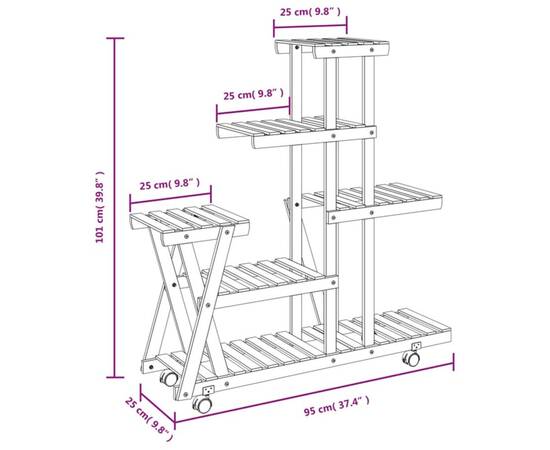 Suport pentru flori cu roți, 95x25x101 cm, lemn masiv de brad, 8 image