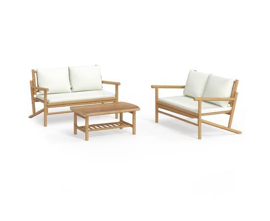 Set mobilier de grădină, cu perne alb crem, 3 piese, bambus, 2 image