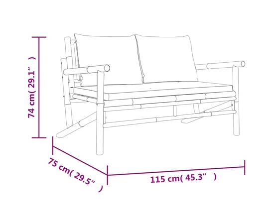 Set mobilier de grădină, cu perne alb crem, 3 piese, bambus, 8 image