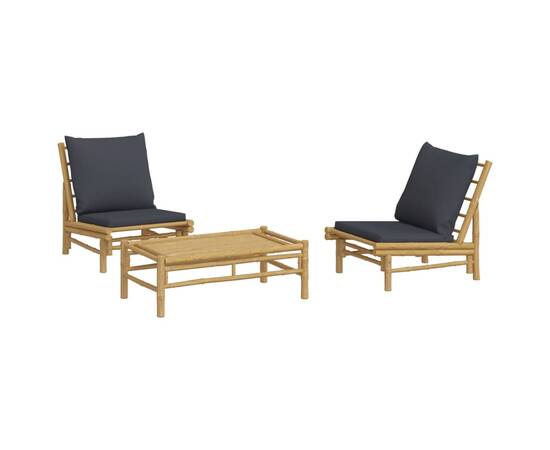 Set mobilier de grădină, perne gri închis, 3 piese, bambus, 3 image