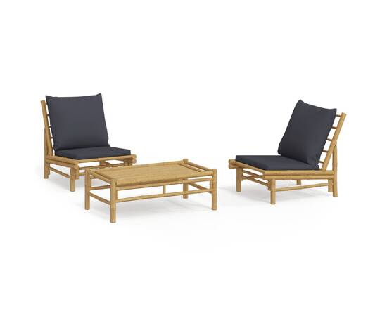 Set mobilier de grădină, perne gri închis, 3 piese, bambus, 2 image
