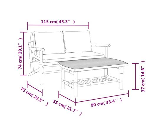 Set mobilier de grădină cu perne gri închis, 2 piese, bambus, 9 image