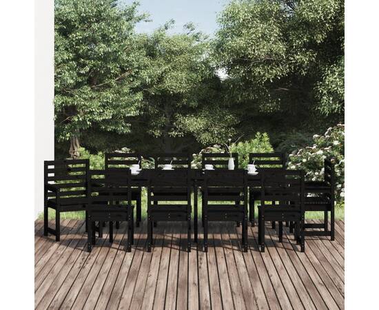 Set de masă pentru grădină, 11 piese, negru, lemn masiv de pin