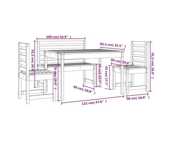 Set de masă pentru grădină, 4 piese, negru, lemn masiv de pin, 10 image