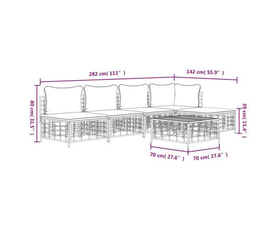 Set șezlonguri de grădină 6 piese cu perne, antracit, poliratan, 9 image