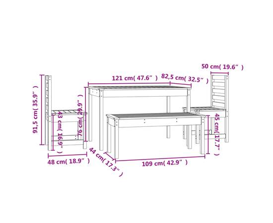 Set de masă pentru grădină, 4 piese, negru, lemn masiv de pin, 10 image