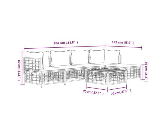 Set șezlonguri de grădină 6 piese cu perne, antracit, poliratan, 9 image