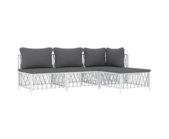 Set mobilier de grădină, 4 piese, cu perne, alb, oțel