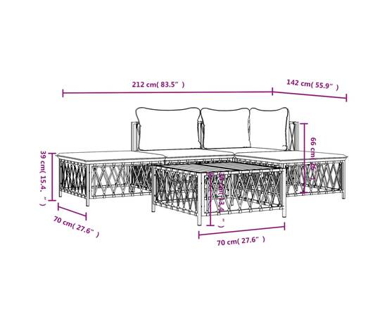 Set mobilier de grădină, 5 piese, cu perne, alb, oțel, 9 image