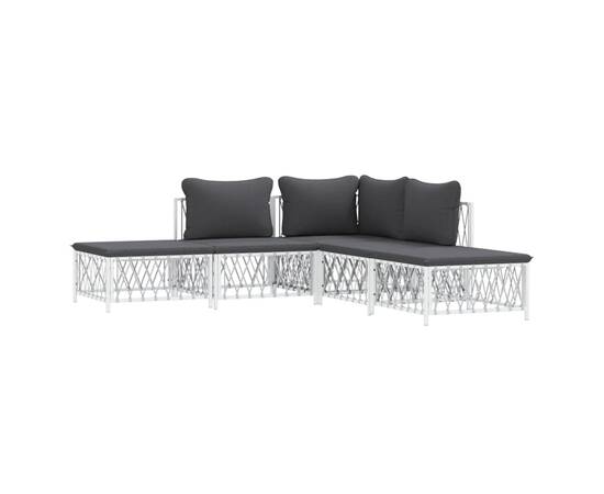 Set mobilier de grădină, 5 piese, cu perne, alb, oțel