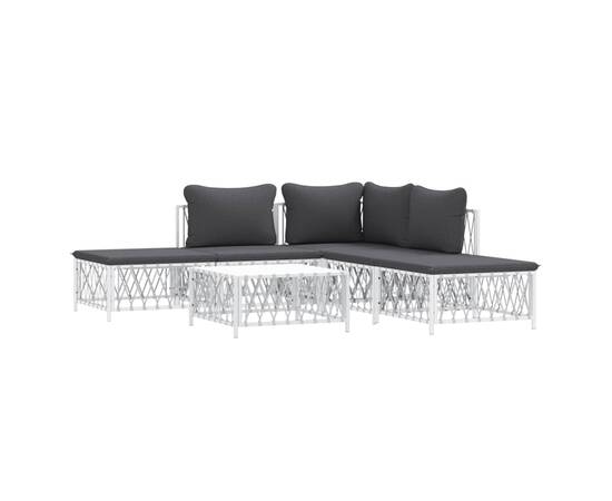 Set mobilier de grădină, 6 piese, cu perne, alb, oțel