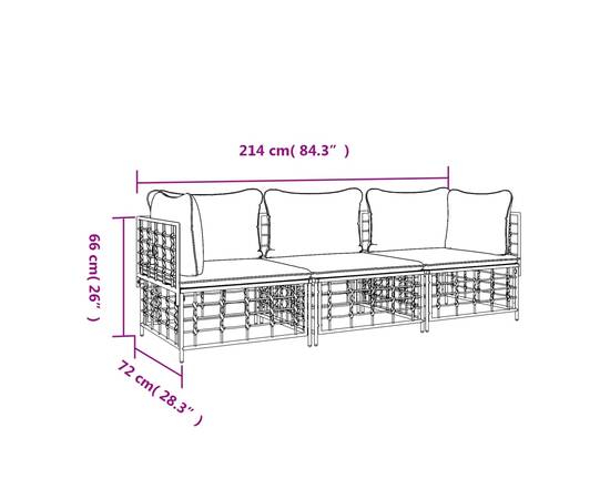 Set șezlonguri de grădină 3 piese cu perne, antracit, poliratan, 7 image