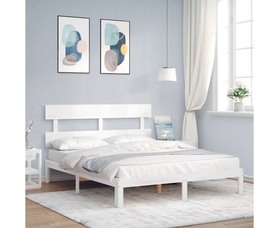 Cadru de pat cu tăblie, alb, 160x200 cm, lemn masiv, 3 image
