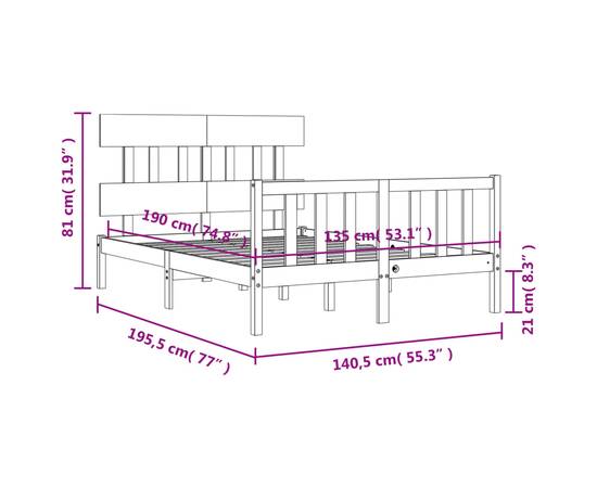 Cadru de pat cu tăblie, alb, lemn masiv, dublu 4ft6, 9 image