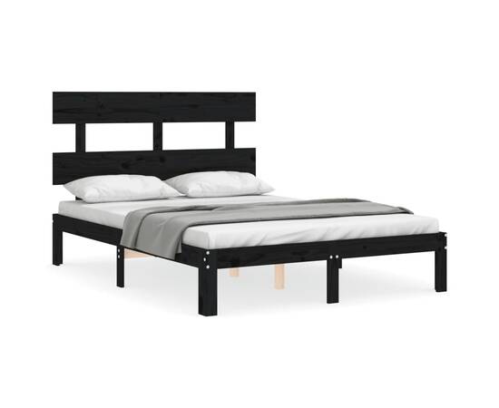 Cadru de pat cu tăblie, negru, lemn masiv, dublu 4ft6, 2 image