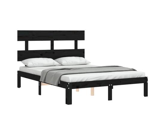 Cadru de pat cu tăblie, negru, lemn masiv, dublu 4ft6, 4 image