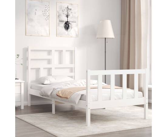 Cadru de pat cu tăblie, alb, 100x200 cm, lemn masiv