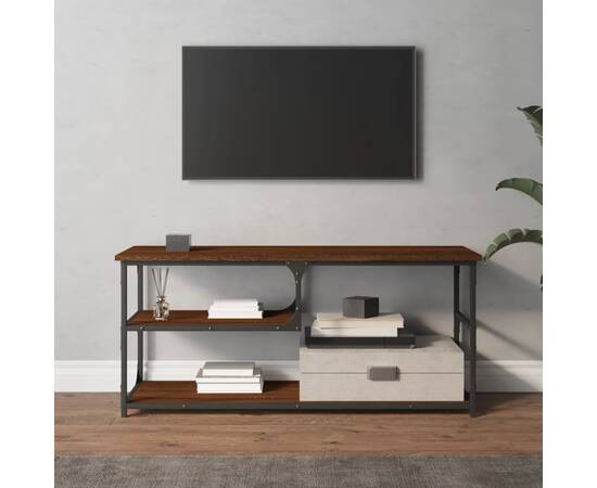 Comodă tv, stejar maro, 103x38x46,5 cm, lemn prelucrat și oțel, 3 image