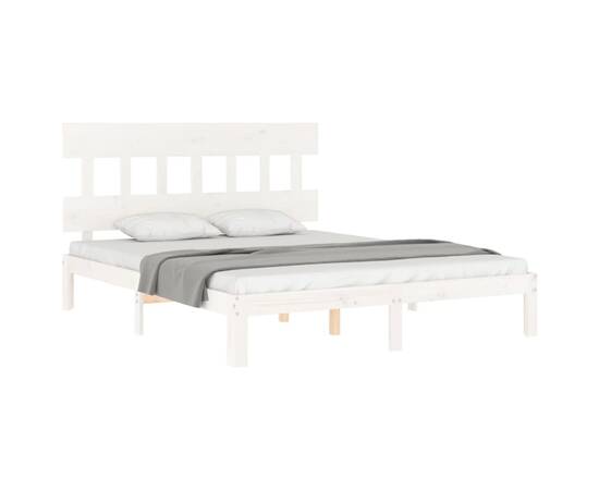 Cadru de pat cu tăblie, alb, lemn masiv, king size 5ft, 4 image