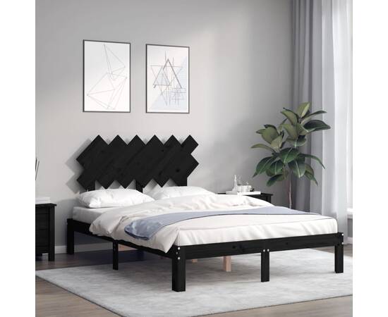 Cadru de pat cu tăblie, negru, lemn masiv, dublu 4ft6, 4 image