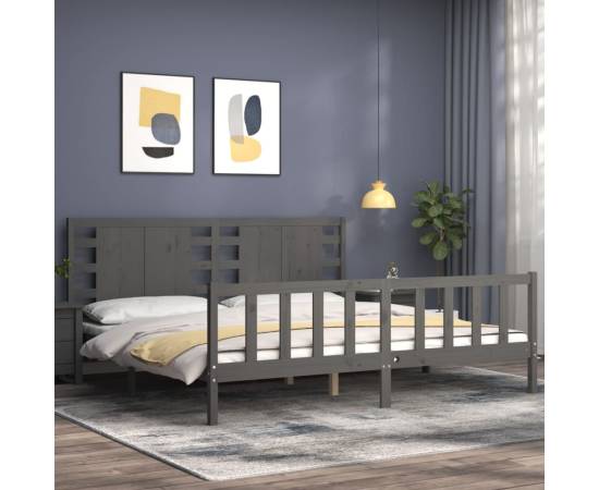 Cadru pat cu tăblie 200x200 cm, gri, lemn masiv, 3 image