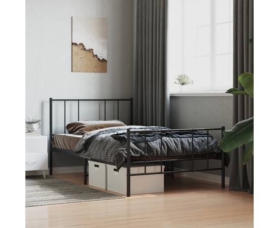 Cadru pat metalic cu tăblii de cap/picioare, negru, 100x200 cm