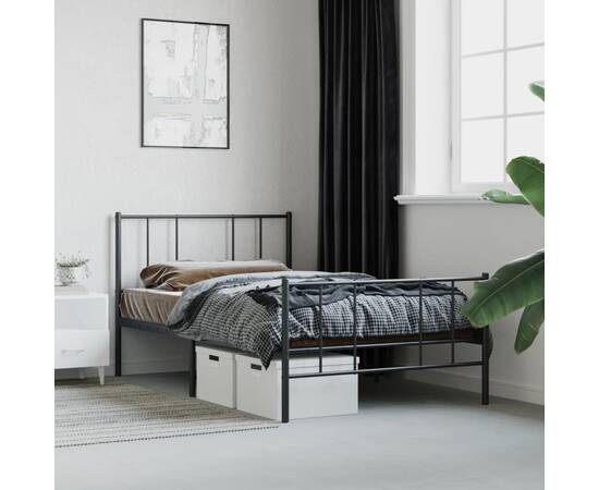 Cadru pat metalic cu tăblii de cap/picioare, negru, 75x190 cm, 4 image