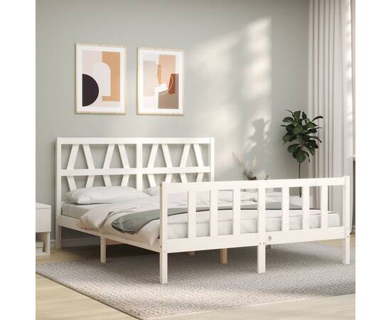 Cadru de pat cu tăblie, alb, 160x200 cm, lemn masiv, 3 image