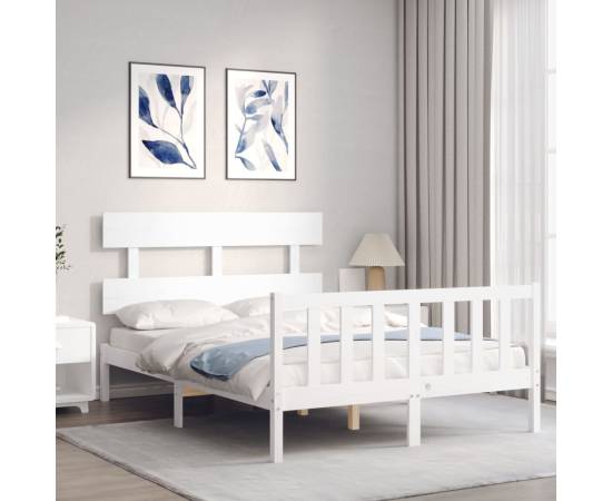 Cadru de pat cu tăblie, alb, lemn masiv, dublu 4ft6, 3 image