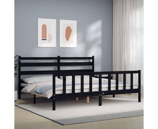 Cadru de pat cu tăblie, negru, 180x200 cm, lemn masiv
