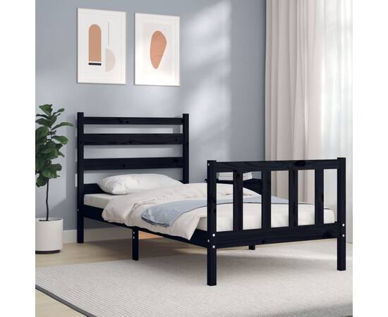 Cadru de pat cu tăblie, negru, 90x190 cm, lemn masiv