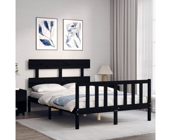 Cadru de pat cu tăblie, negru, lemn masiv, dublu 4ft6, 3 image