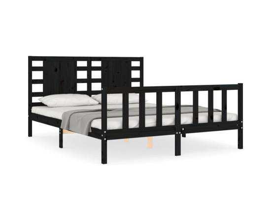 Cadru de pat cu tăblie, negru, lemn masiv, king size 5ft, 2 image