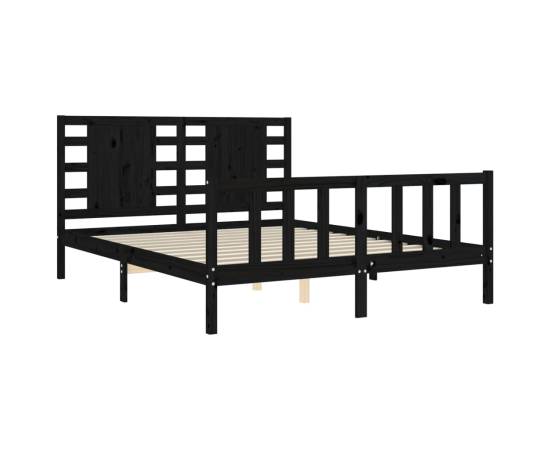 Cadru de pat cu tăblie, negru, lemn masiv, king size 5ft, 5 image