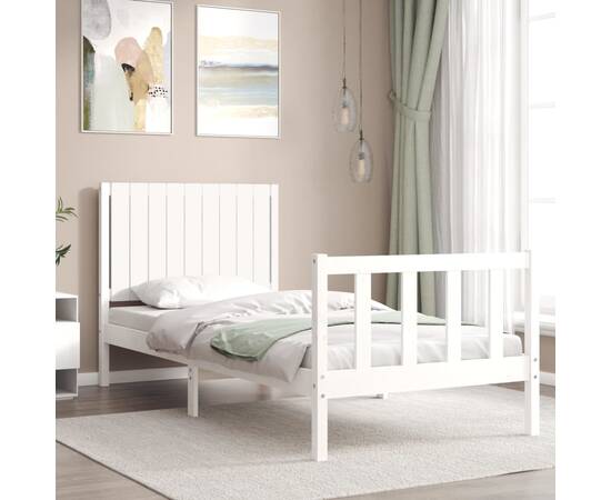 Cadru de pat cu tăblie 3ft, single, alb, lemn masiv