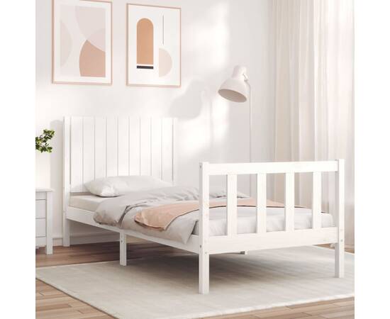 Cadru de pat cu tăblie 3ft, single, alb, lemn masiv, 3 image
