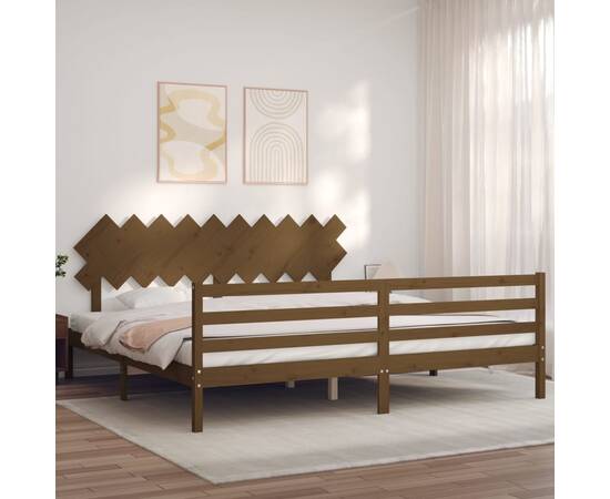 Cadru pat cu tăblie, maro miere, 200x200 cm, lemn masiv, 3 image