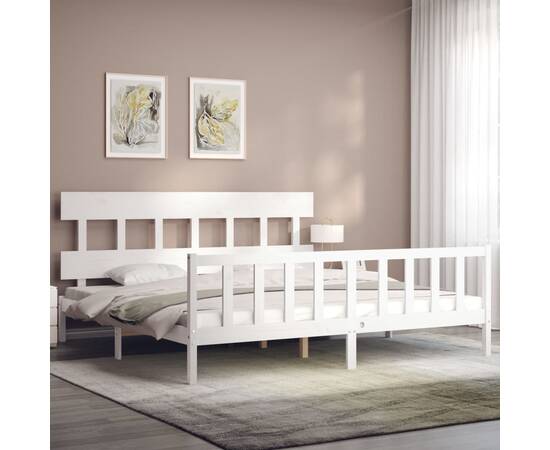 Cadru pat cu tăblie 200x200 cm, alb, lemn masiv, 3 image